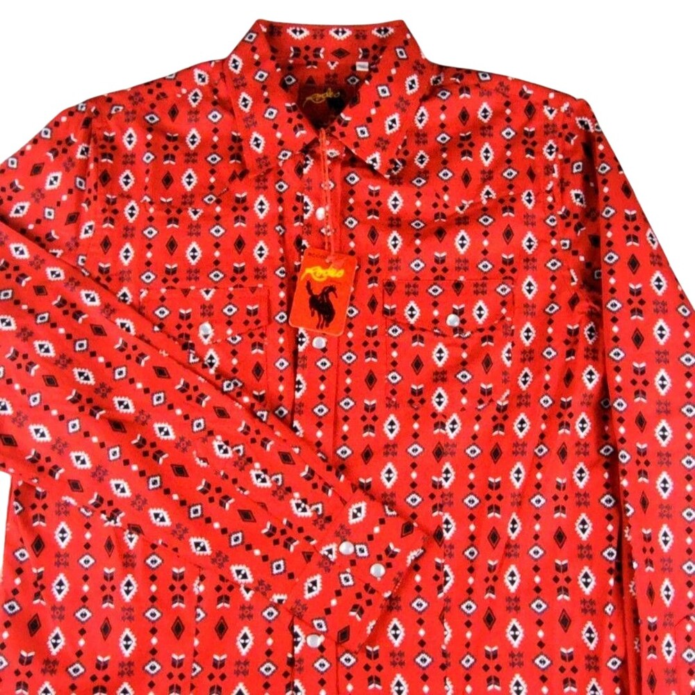 Rodeo Clothing Co Shirt Medium Red Geometric Long Sleeve Snap Front Western